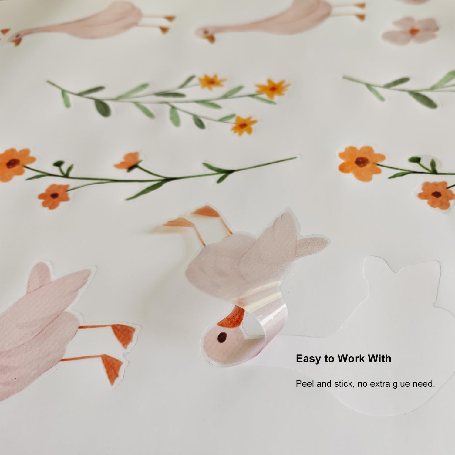 Cute Geese Flora Set of Wall Stickers,Peel and Stick PVC Nursery Duck Decal Gift Neutral Animal Easy Removable for Kids Room Classroom-45.28 x 15.75in