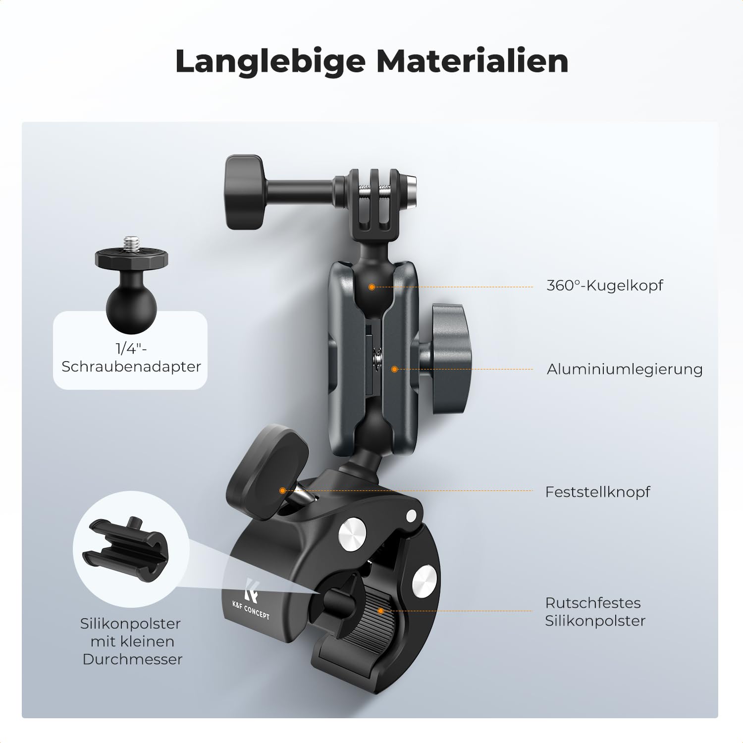 K&F CONCEPT Motorrad-Fahrradhalterung für DJI Osmo Action/Gopro Hero/Insta 360/Handy, 360° verstellbar Magic Arm mit Action Camera Adapter und 1/4 ′′ Adapter