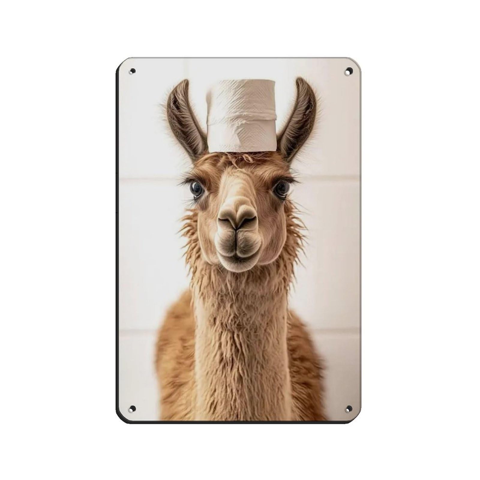 Llama with A Toilet Paper Roll on Head Retro Poster Metal Tin Sign Chic Art Retro Iron Painting Bar People Cave Cafe Family Garage Poster Wall Decoration 8x12inch(20x30cm)
