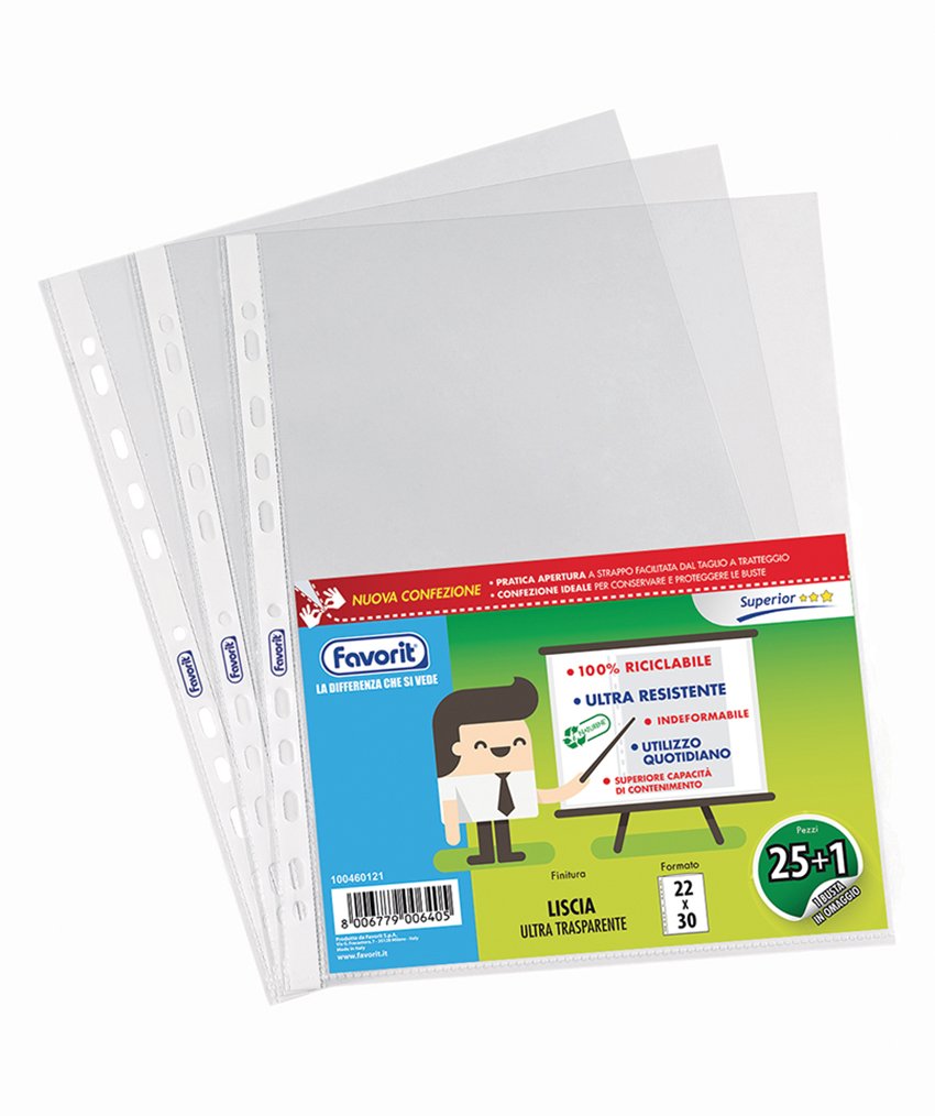 Favorit 100460121 Buste Foratura Universale, Formato Interno 22 x 30 cm, Finitura Liscia Ultra Trasparente, Possono Contenere Molti Fogli A4, Confezione da 25 Pezzi+1 Omaggio, Trasparenti