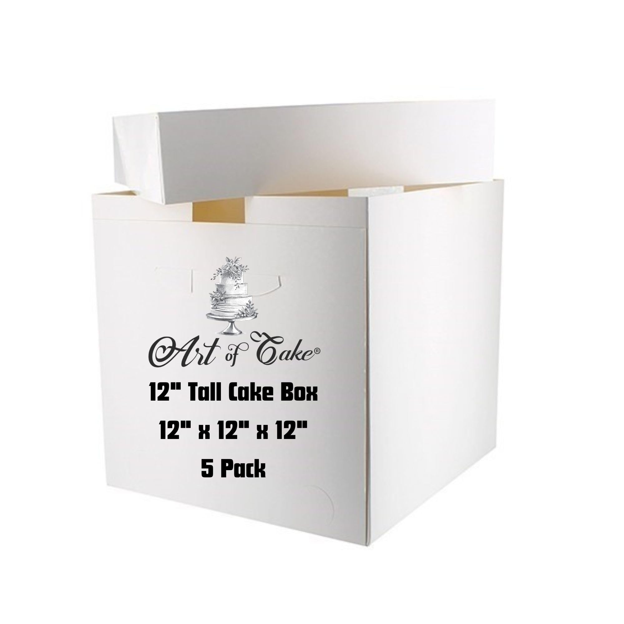 Art of Cake® Premium Tall Cake Box with Lid - Pack of 5-12 x 12 x 12 Inch (304 x 304 x 304mm) - Extra High Box for Tiered Decorated Wedding Birthday Celebration Cakes - Easy Assembly