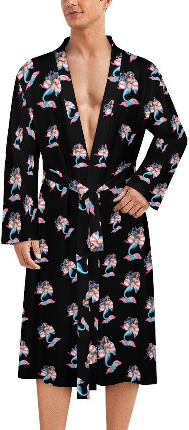 Mermaid Trans Flag Mens Robe Long Bathrobe for Women Bath Robes Lightweight Soft Printed Sleepwear