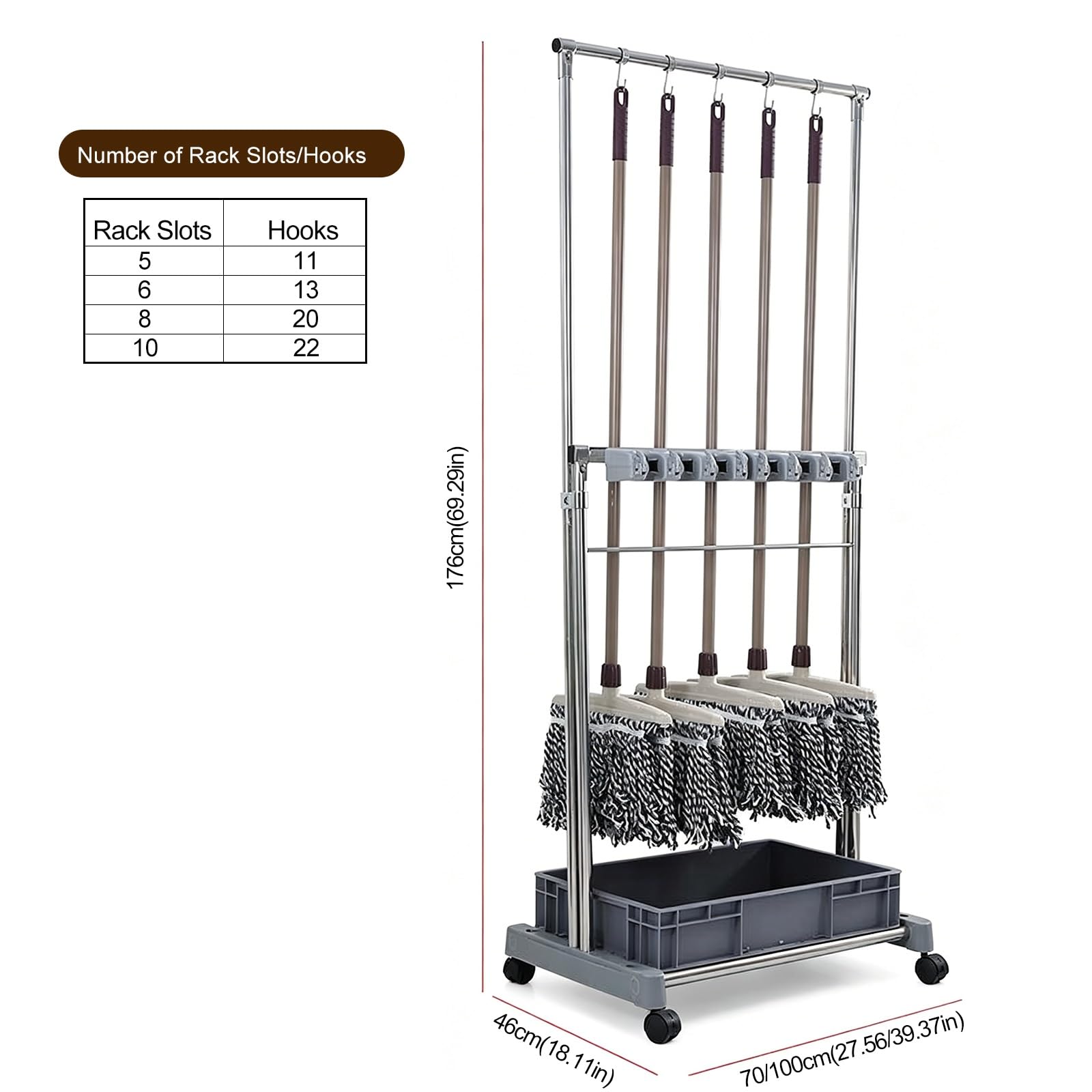 Soporte para escobas, estante de almacenamiento móvil independiente para herramientas de limpieza con bandeja de goteo y ganchos, ideal para garaje, jardín, escuelas, hoteles, 100 x 46 x 176 cm