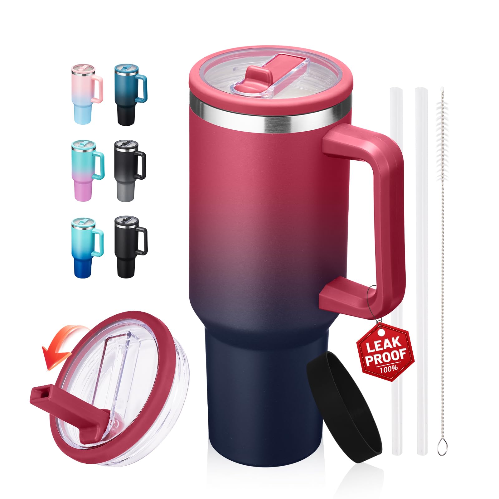 Travel Cups with Lid and Flip Straw - 40 oz Tumbler with Handle, Cold-34H & Hot-10H Insulated Coffee Mug, Metal Hydro Thermal Jug, Spill Proof Water