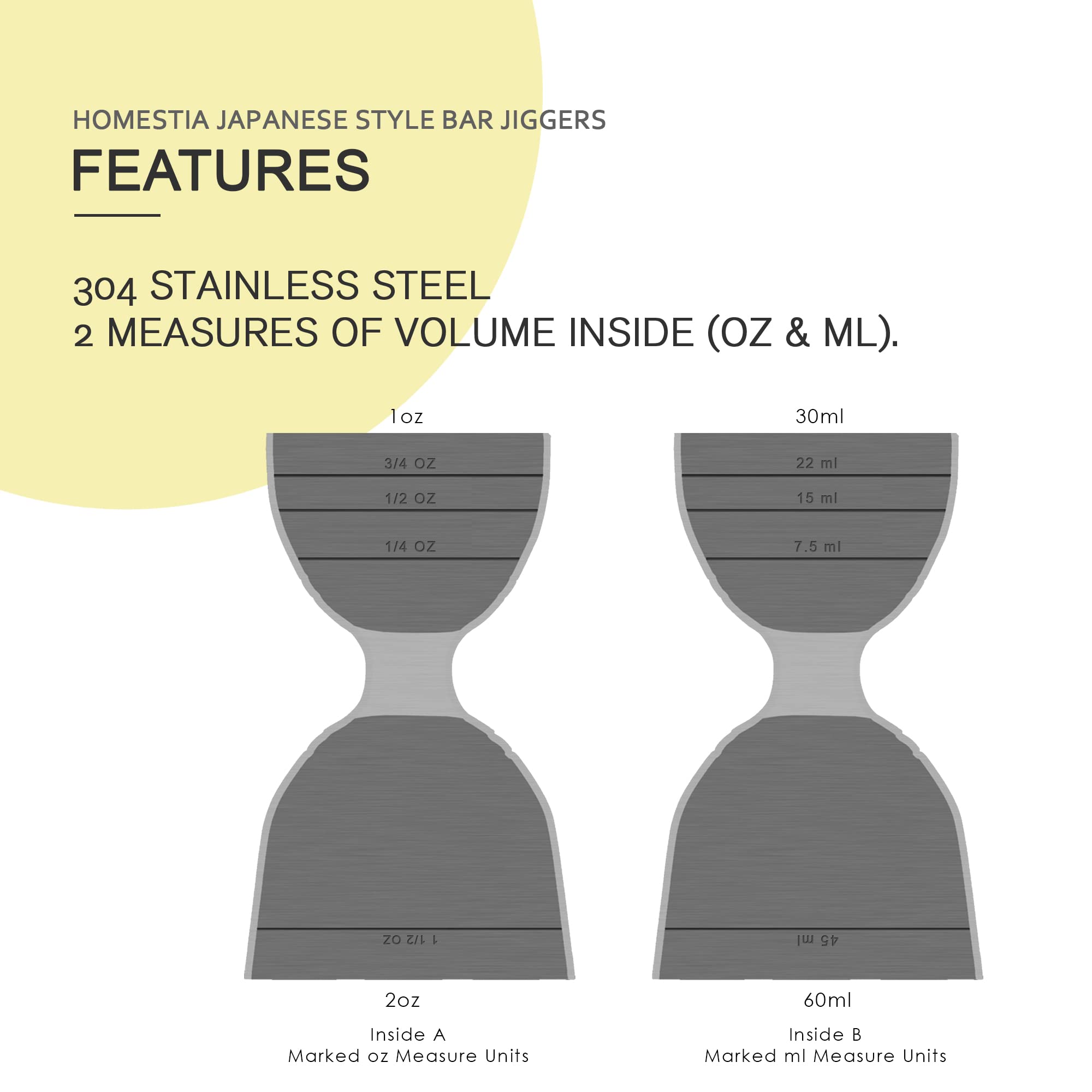 Homestia Gold - Jigger de cóctel doble estilo japonés de acero inoxidable, medidor de 1 y 2 onzas