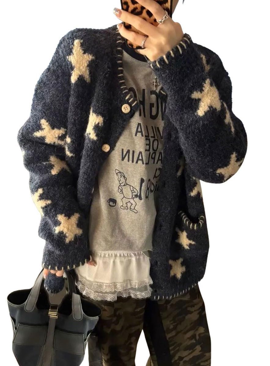 Womens Chunky Cute Star Cardigan Sweater Fall Trendy Slouchy Loose Button Down Long Sleeve Sweater Coat