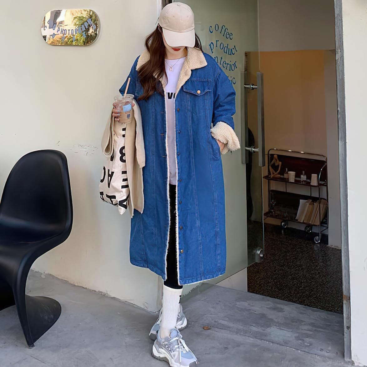 chouyatou Women's Warm Winter Windproof Sherpa Fleece Lined Long Denim Coat Trucker Jean Jacket Overcoat