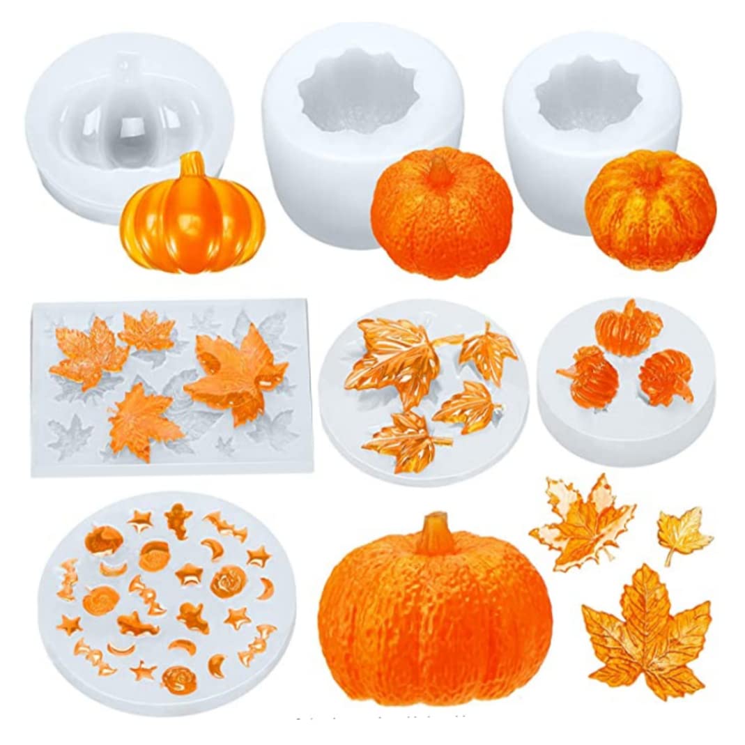 Nukinp Pumpkin Resin Mold Set, Halloween Resin Silicone Molds Various Sizes 3D Pumpkin Epoxy Mold Thanksgiving Maple Leaf Silicone