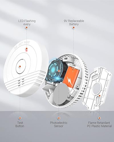 Miniatura 4 de Paquete de 9 detectores de humo, alarma de incendios alimentada por batería, alarma de humo con tecnología fotoeléctrica avanzada, detectores de