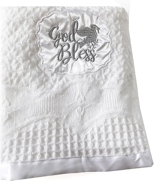 Baptism Blanket Christening Gifts for Boys Girls White Knit Crochet Soft Embroidered Neutral Baby Blanket with Satin Trim