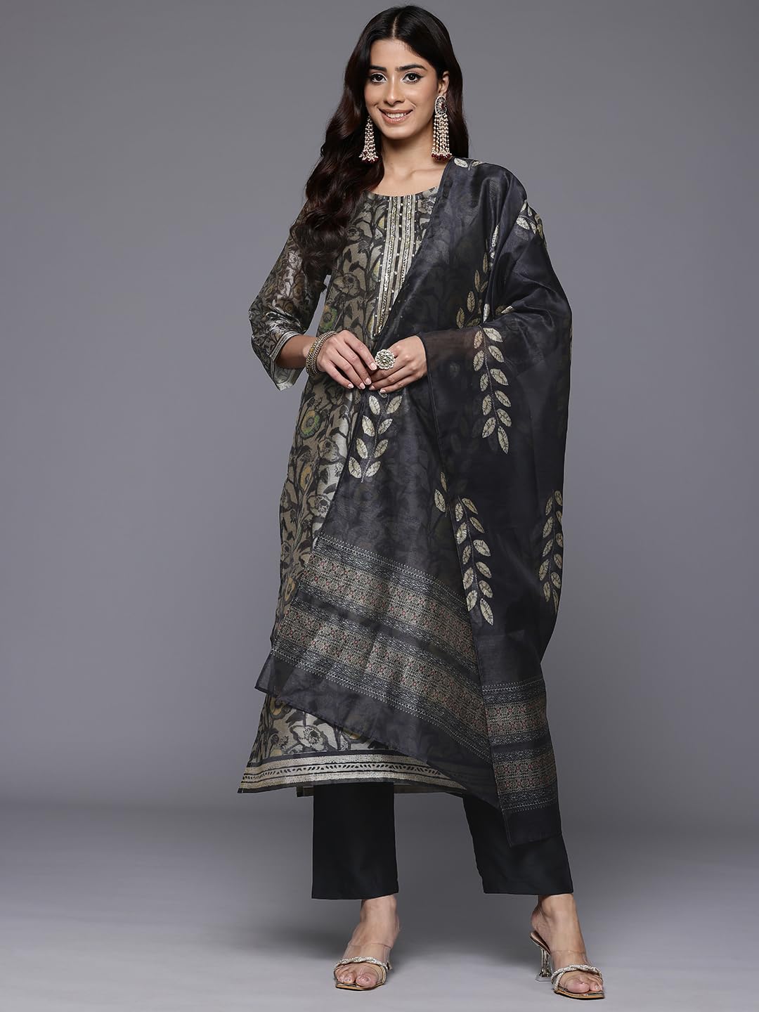Varanga Women Grey Floral Printed Round Neck Straight Kurta Paired With Bottom And Printed Dupatta  Elegant & Comfortable Ethnic Wear
