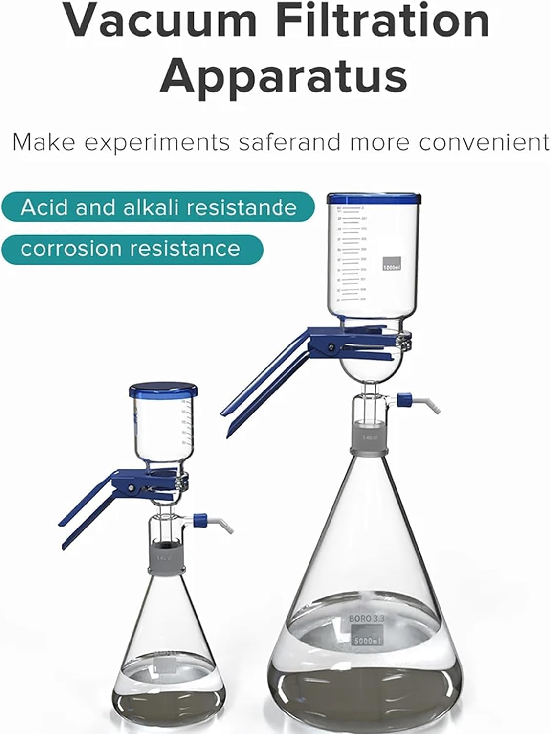 1000ml Glass Filter Unit, Laboratory Vacuum Filter Assembly, 40mm Sand Core Diameter, Pressure and High Temperature Resistance, Filter Fast, for Lab Solvent Filtering