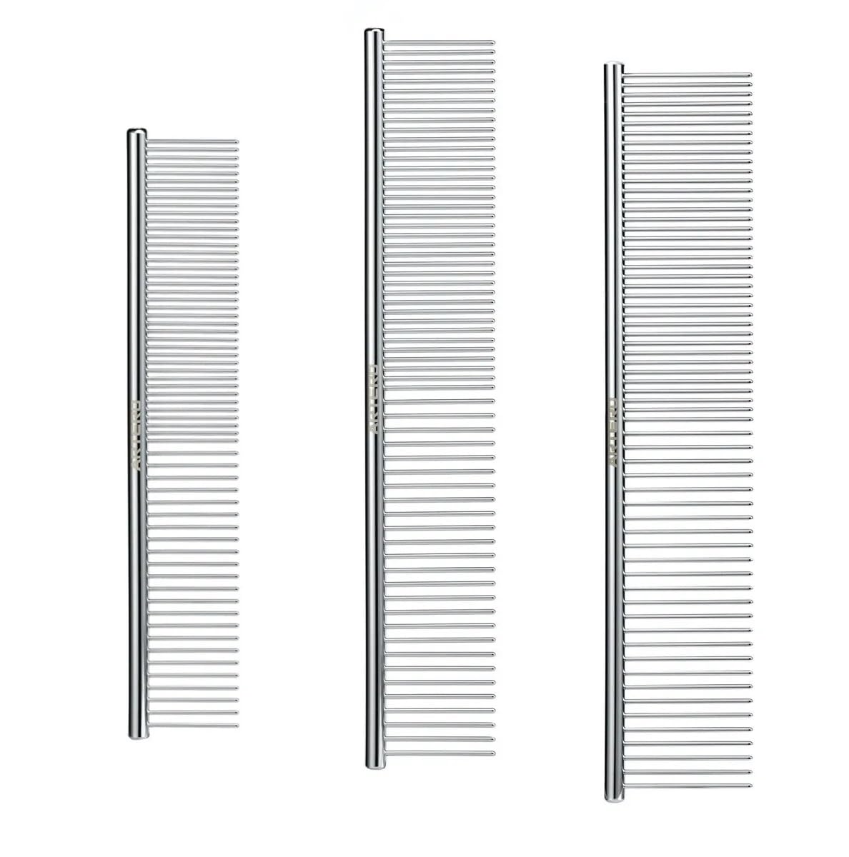 Shedding and Tangle Eliminating Premium Greyhound Style Grooming Combs for Cats and Dogs Chrome Coat Smooth Glide (Full Set - All 3 Combs)