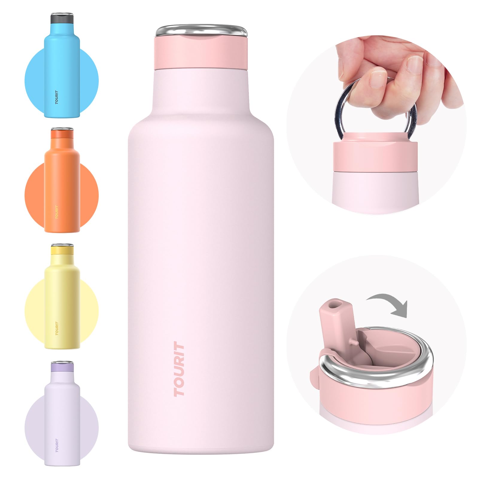 TOURIT 20oz Insulated Stainless Steel Water Bottle with Straw & Handle, Double Wall Vacuum Leakproof BPA-Free Thermos for Sports Travel, Pink