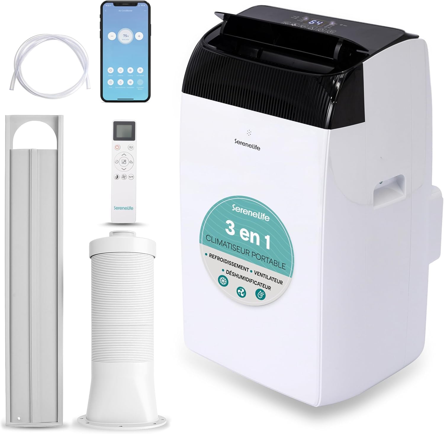 SereneLife Aire Acondicionado Móvil 12000 BTU (3,52 kW), Wi-Fi, 3 en 1 Refrigeración, Deshumidificación y Ventilación, Silencioso, Ruedas, Temporizador, Hasta 40 m²