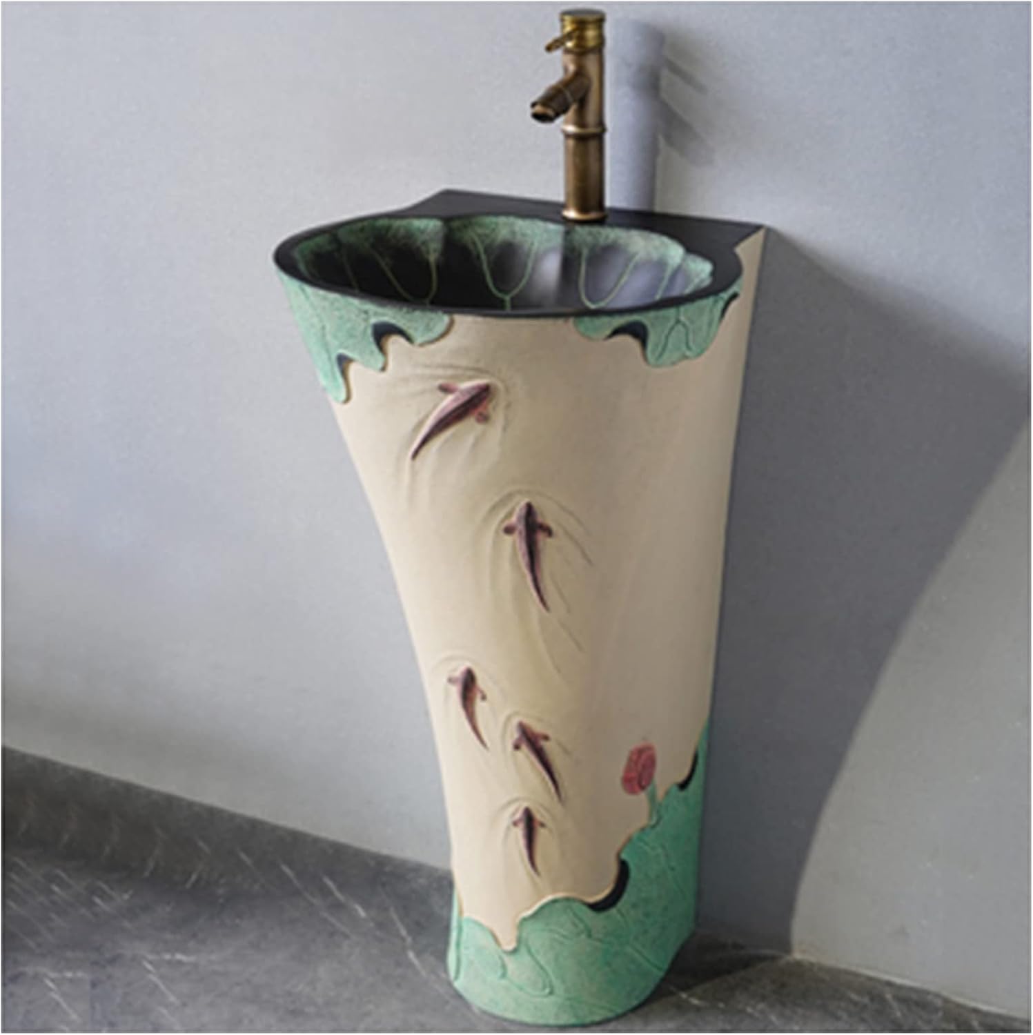 Bathroom Sink Vessel Sink Handmade Pedestal Lavatory Sink with Faucet and Drain Installation Hole for Indoor and Outdoor,Scratch and Stain Resistant,-Without Mirror