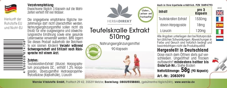 Teufelskralle Extrakt - 510mg - 90 Kapseln - schluckfreundlich - vegan - hochdosiert | HERBADIREKT by Warnke Vitalstoffe - Deutsche Apothekenqualität