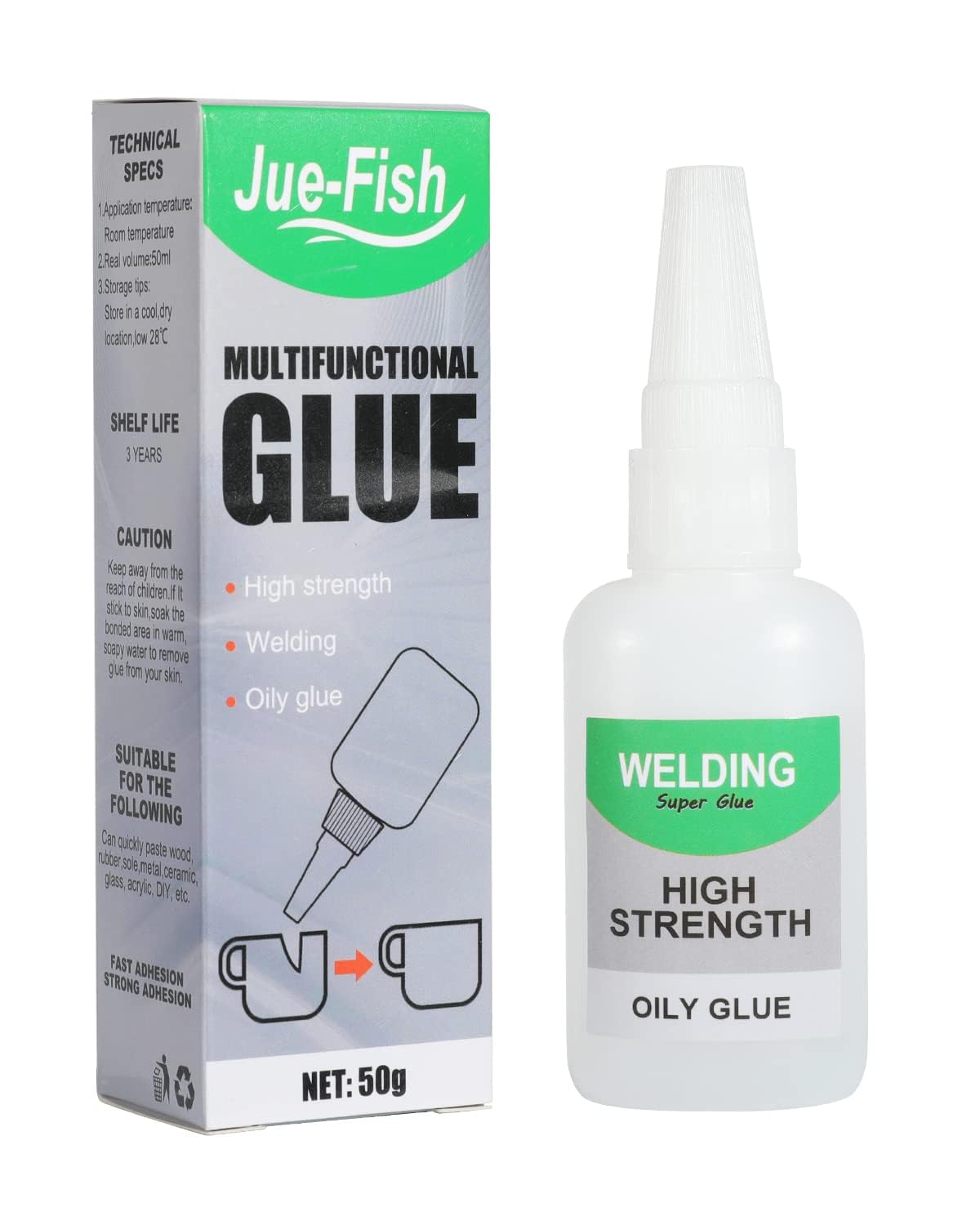 Jue-Fish Welding High-Strength Oily Glue - Pack of 2 Universal Super Glue Gel, Instant Bonding, Strong Adhesion, Repairs Last A Long Time for Metal, Plastic, Wood, Ceramics, Leather, 50 Gram (1PC)