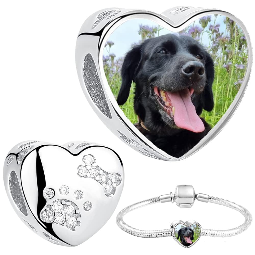 2Burned Silber 925 Personalisierter Schmuck Foto-Charm – Kompatibel mit Europäisches-Armbändern, Liebe Herz Personalisiertes Geschenk – Fügen Sie Ihr Bild hinzu (Hundepfote)