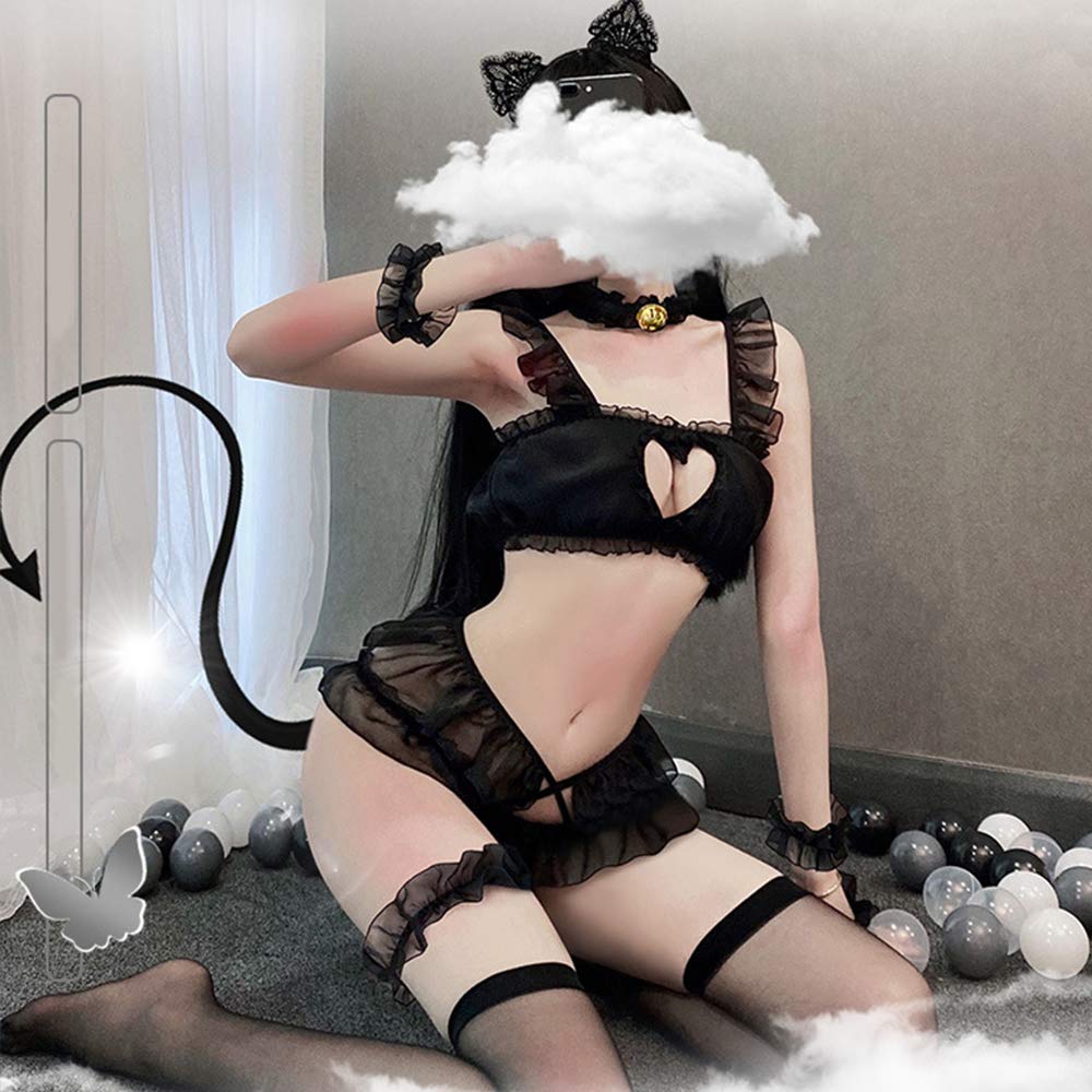 YOMORIO Anime Cute Cat Cosplay Costume Womens Open Chest Lingerie Lolita Japanese Style Nightie: Black