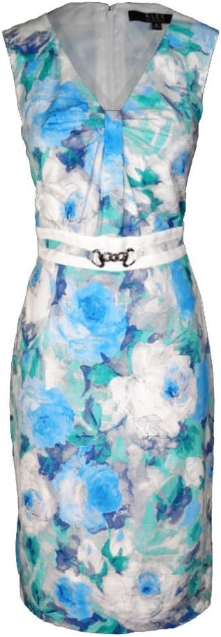 Alex Marie Sleeveless Floral Print Dress with Chain (Blue/Green, 6)
