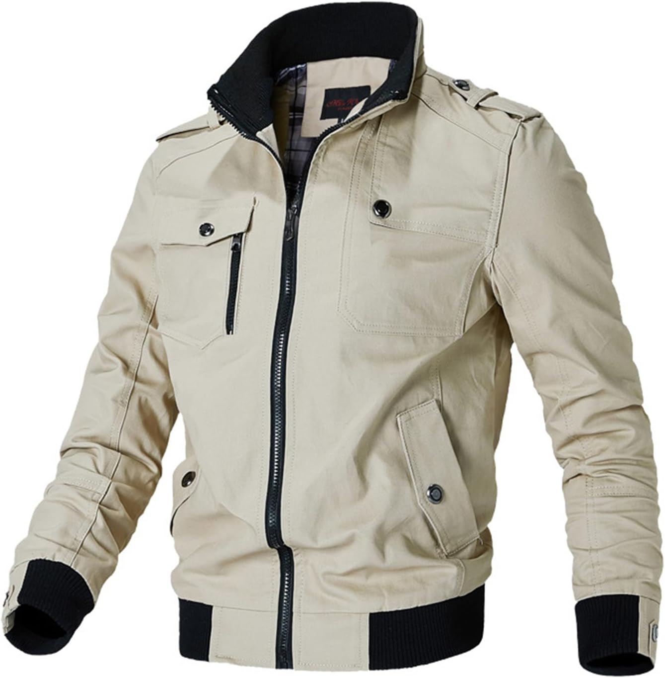 Mens Casual Cotton Military Jacket Lightweight Stand Collar Jackets Coats Full Zip up Bomber Jackets with Shoulder Straps
