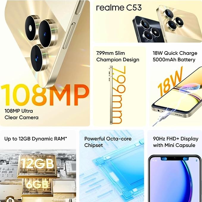 realme C53 charging with 18W Quick Charge, showing 5000mAh battery capacity