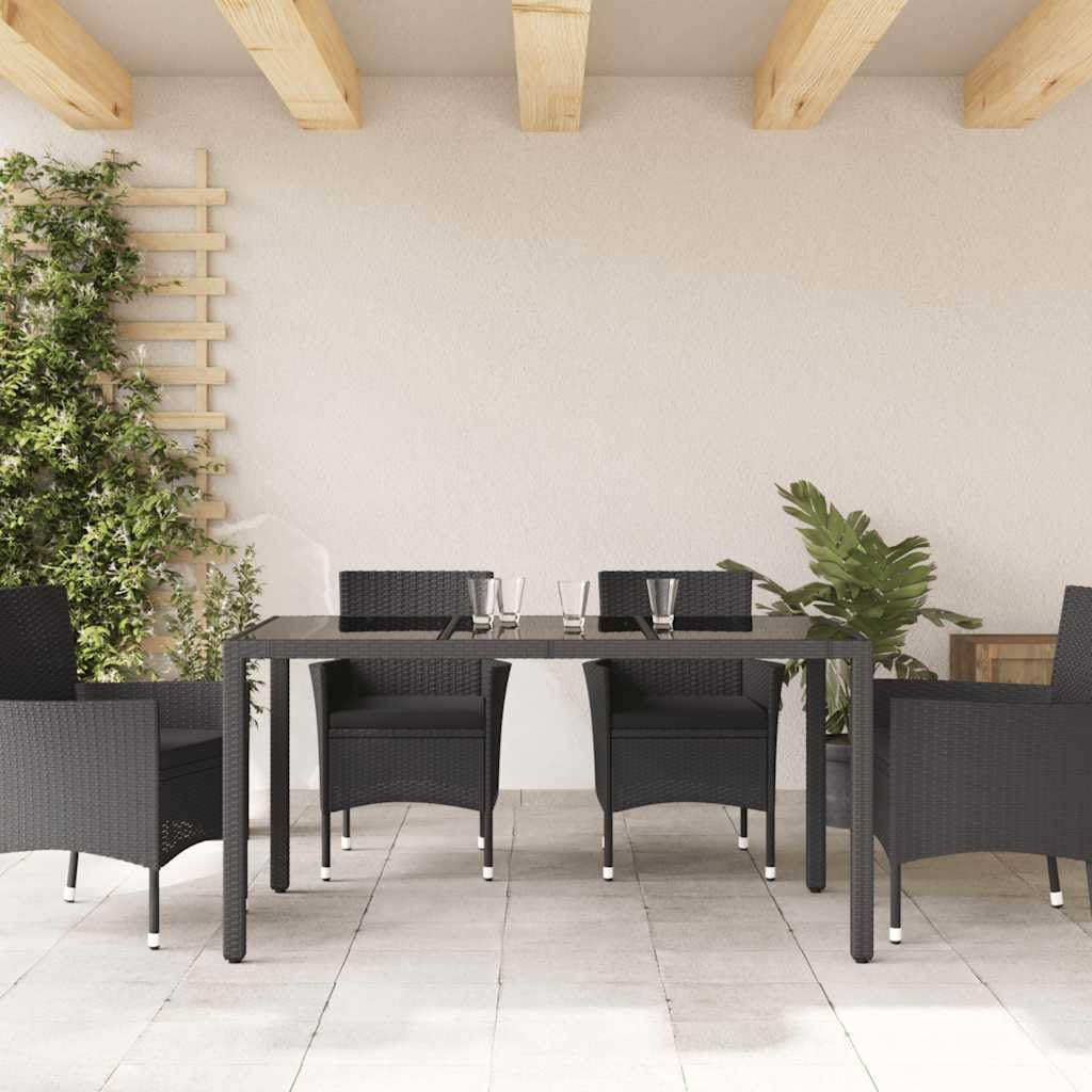Tavolo da Giardino in Polyrattan Nero e Vetro 150x90x75 cm | Tavolo da pranzo per esterno con piano in vetro temperato e telaio in acciaio, ideale per arredare il patio.