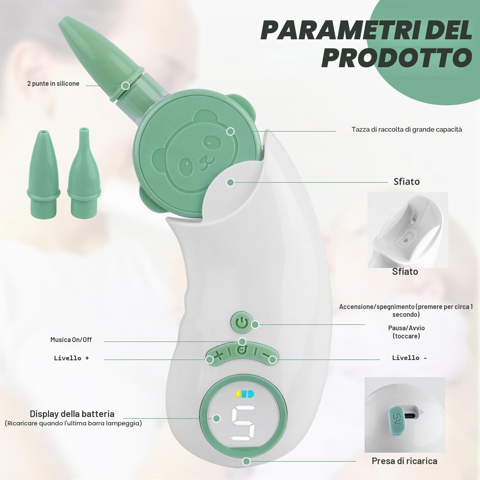 Aspiratore Nasale Neonato Elettrico con 5 Livelli di Aspirazione, Aspiratore Nasale Elettrico con Display, Ricaricabile Aspira Muco Neonato con 2 Beccucci in Silicone, Pinzette e Funzione Musica