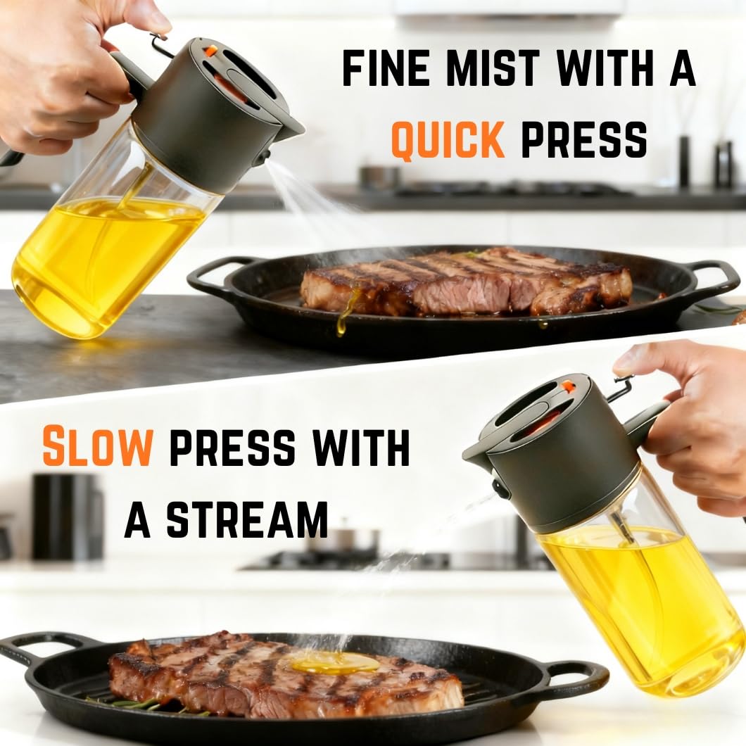 Rusudiy Oliera 2-in-1 Spruzzatore Olio e Dosatore Olio – Spruzzino Olio per Friggitrice Aria, Cucina, Insalata, Barbecue, Friggitrice ad Aria, Accessori Cucina, Anti-Goccia, 550 ml (Grigio caffè)