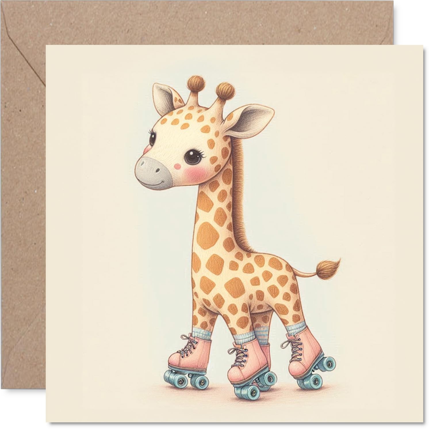 Playful Birthday Card - Whimsical Birthday Cheer - Giraffe on Roller Skates in Soft Pastel Hues - Guaranteed to Raise a Smile - 145mm Square, Envelope Included