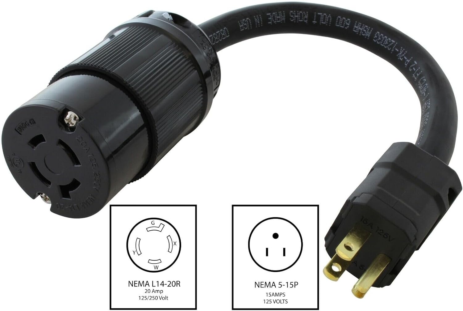 5-15P Standard Wall 3-Pin Male Plug To L14-20R Twist-Lock Receptacle Socket Outlet Adapter, Electrical Power Connector Cord Converter NEMA FX1629
