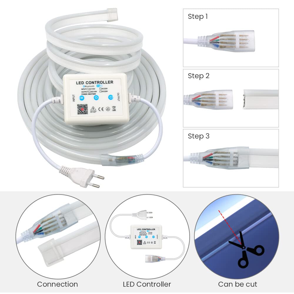 RGB Neon LED Streifen, 220V 5050 Silikon IP65 Wasserdicht WiFi Flexible Neon LED Light, mit APP Steuerung, Sync mit Musik Rhythmus (10M)