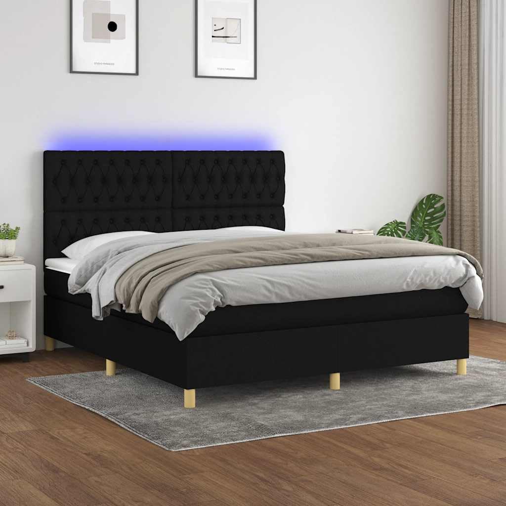 tkanina z regulowanym zagłówkiem LED 160x200 cm czarny | Łóżko kontynentalne z materacem 160x200 cm czarne tkanina z regulowanym zagłówkiem i LED