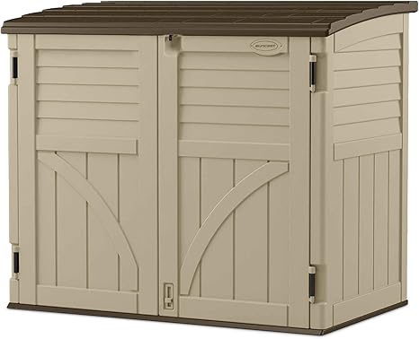 Suncast Horizontal Shed, Compact Outdoor Storage System, 34 Cu. Ft. Capacity, Sand & Slate - Lockable Multi-Wall Resin Organizer for Garbage Cans, Garden Tools, Bins, Bikes and Yard Equipment