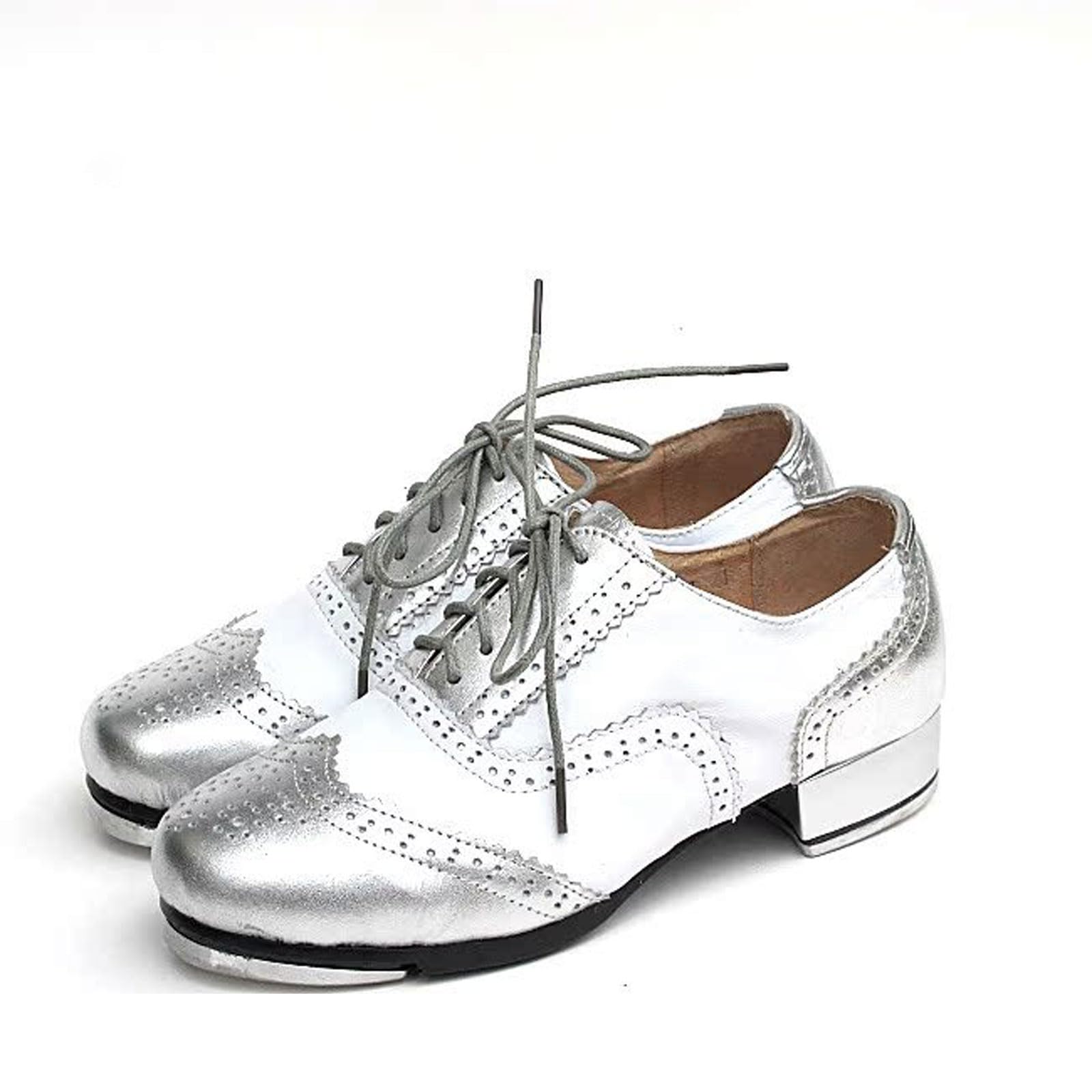 Luminescentdream Girls Silver White Tap Dancing Shoes,Beginner Tap Dance Shoe,Soft Leather Jazz Shoe,Breathable Lightweight And Comfortable Dance Shoes,For Stage Performances