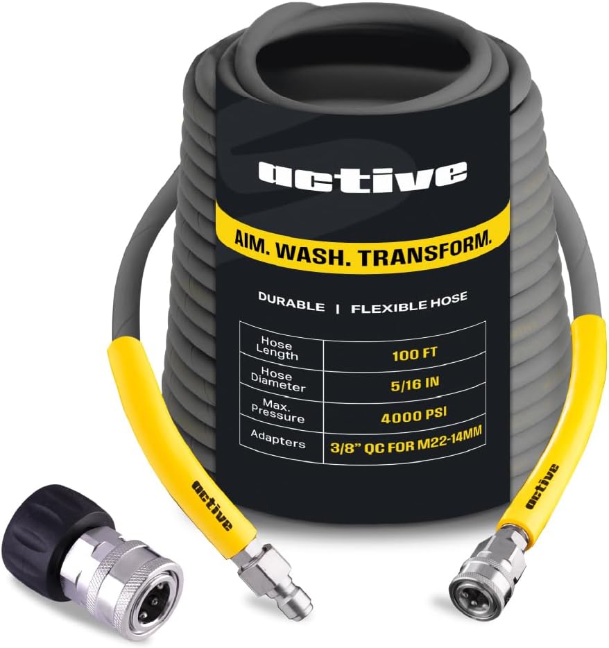 Active 100’ Pressure Washer Hose Compatible with gas and electric pressure washers (M22-14mm) Kink resistant, flexible steel braided power washer hose, max operating spec of 4000PSI & 12GPM and 212°F