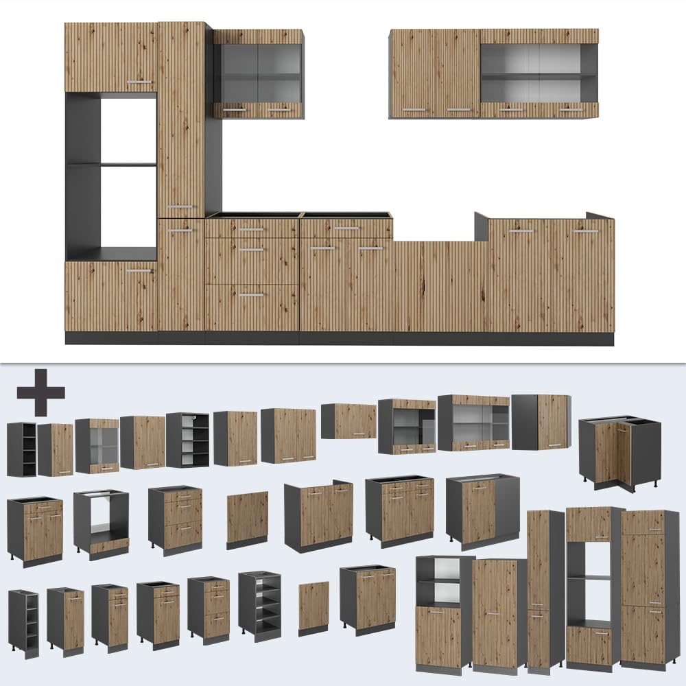 Vicco Cuisine R-Line, Chêne Artisan/Anthracite, 350cm avec Armoire Haute, PT Anthracite, adapté à Une Extension Flexible avec des modules supplémentaires