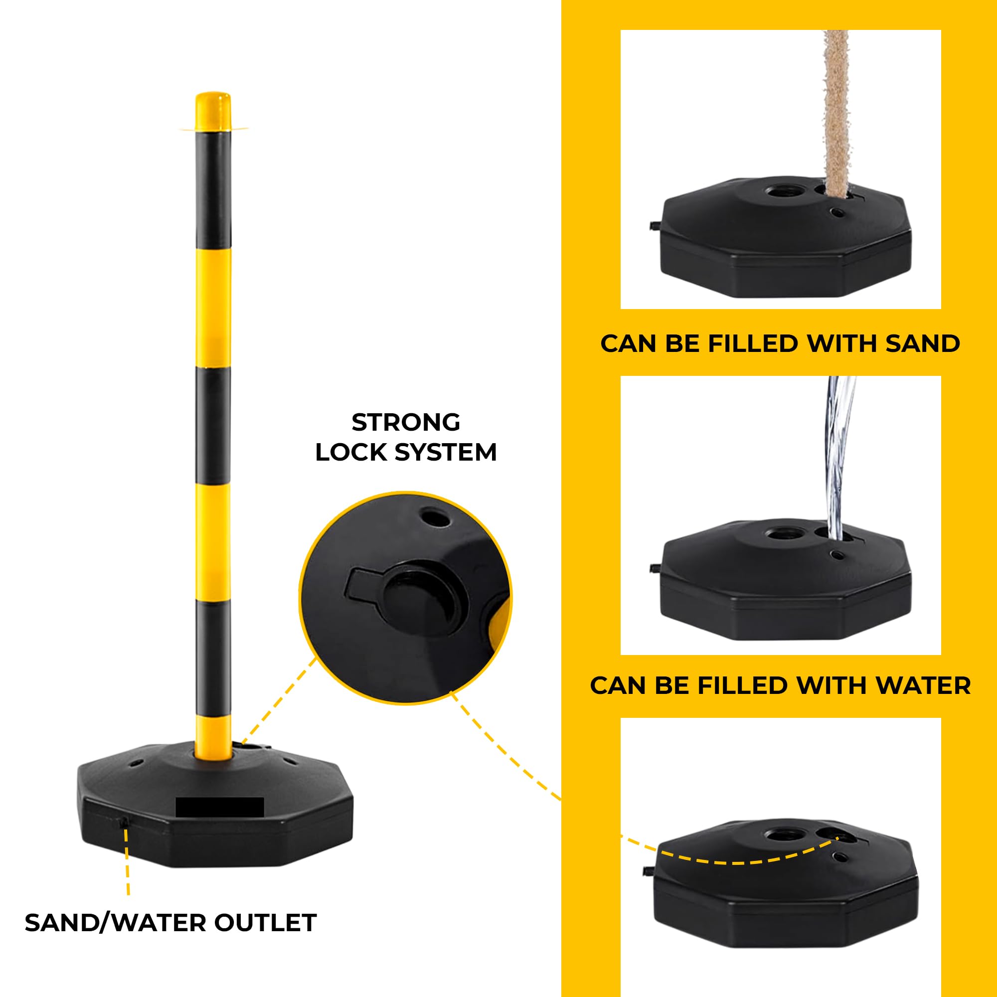 2 pali delineatori di sicurezza stradale – giallo e nero | Paletti barriera regolabili in altezza con base riempibile e catena in plastica da 2 metri | pali portatili per il controllo degli accessi e