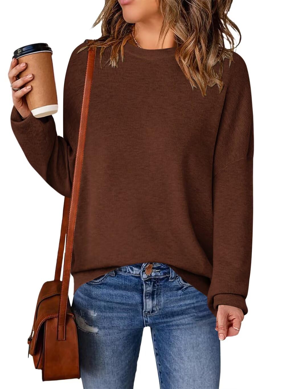 FEKOAFE Sweaters for Women Crewneck Long Sleeve Side Slit Contrast Knit Pullover Sweater Loose Fit Winter Fall Outfits