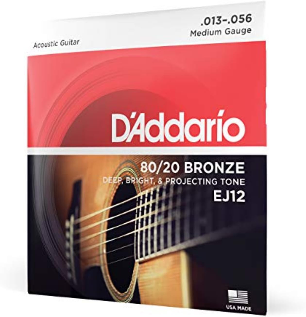 Acoustic Guitar Strings, 80/20 Bronze, EJ12, Medium Gauge 13-56, 6-String Set, Pack of 1