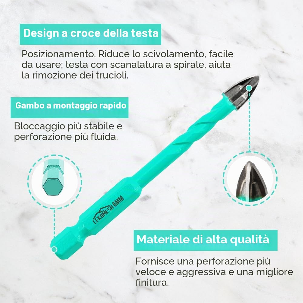 Punte per Gres Porcellanato - Set 10 Pezzi Punte Trapano Diamantate 6mm*4+8/10/12mm per Legno, Plastica, Muratura, Attacco Esagonale a Cambio Rapido