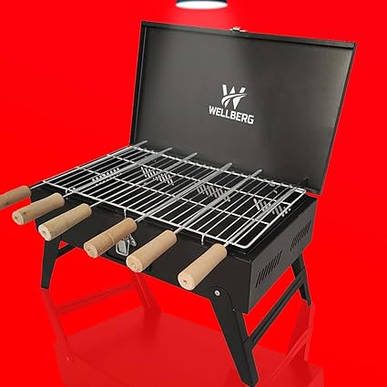 WELLBERG Briefcase Charcoal Barbeque Grill With 8 Skewers And Grill, For Home, Camping, Picnic, Tour, Party Etc | BLACK