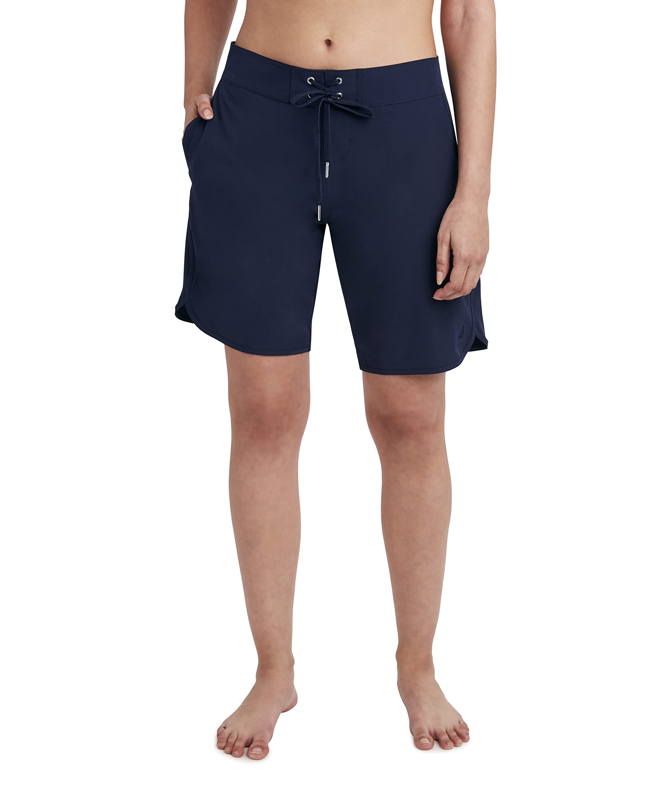 Nautica Women's Standard Solid 9" Core Stretch Quick Dry Board Short Swimsuit Bottom with Adjustable Drawstring Waistband Cord, Vintage Navy, X-Large