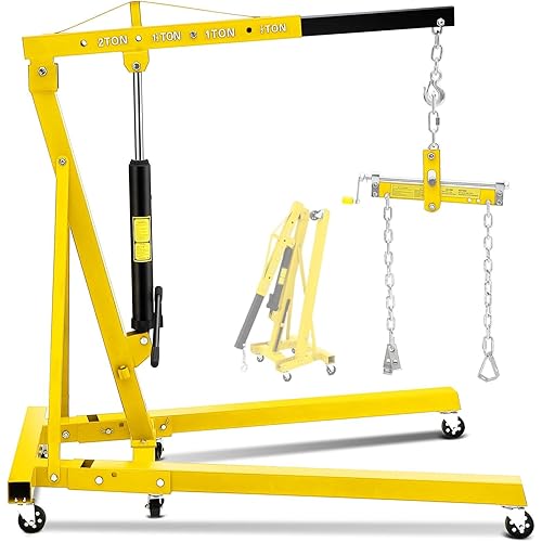 GlowSol 2 Ton Hydraulic Engine Hoist with Lever Stabilizer, Cherry Picker Engine Hoist, 4400LBS Heavy Duty Garage Crane with 6 Swivel Casters & Adjustable Telescopic Boom, for Auto Repair & Workshop
