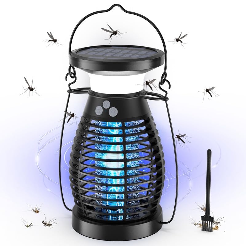 Solar Lampara Antimosquitos, 3 IN 1 UV Mata Mosquitos Electrico, 4200V USB Recargable Lampara Mosquitos IP66 Impermeable Trampa Moscas para Oficina Dormitorio Cocina Jardín Camping, Negro