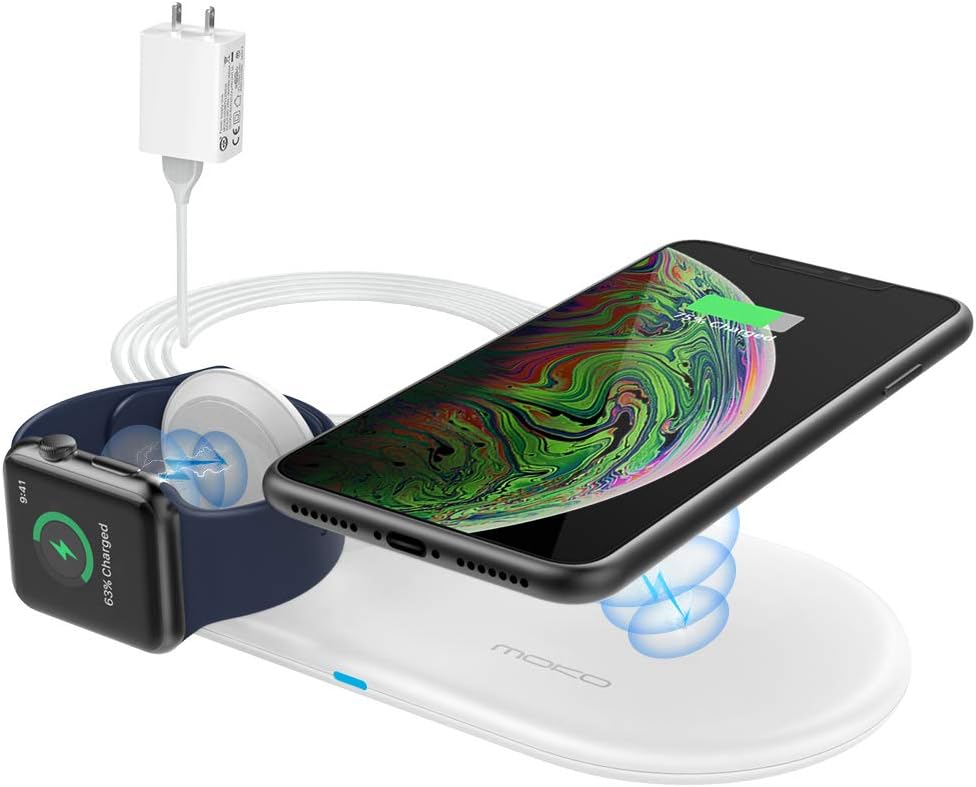 MoKo [MFi Certified] Wireless iPhone and Apple Watch Charger, 2 in 1 Dual Fast Wireless Charging Pad Fit Apple Watch Series 1/2/3/4, AirPods 2, iPhone XR/Xs Max/X/8 Plus (Included QC Adapter)