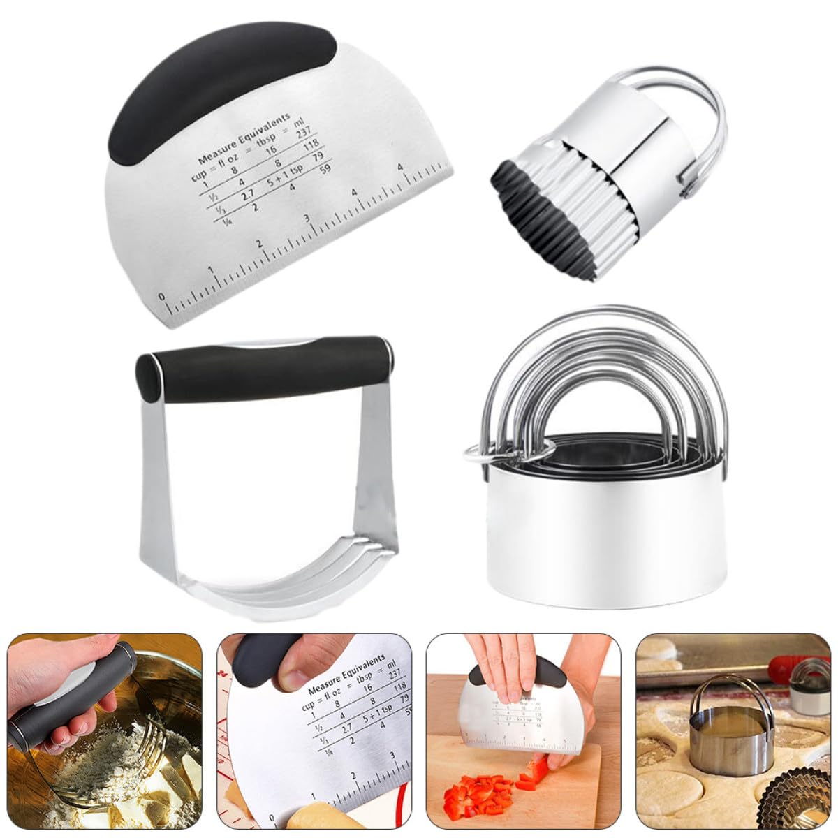 Backzubehör Satz Edelstahl mit Teigzerkleinerer und Keksformen Ausstechformen mit Maßskala für Einfaches Backen von Kuchen und Plätzchen in Silber