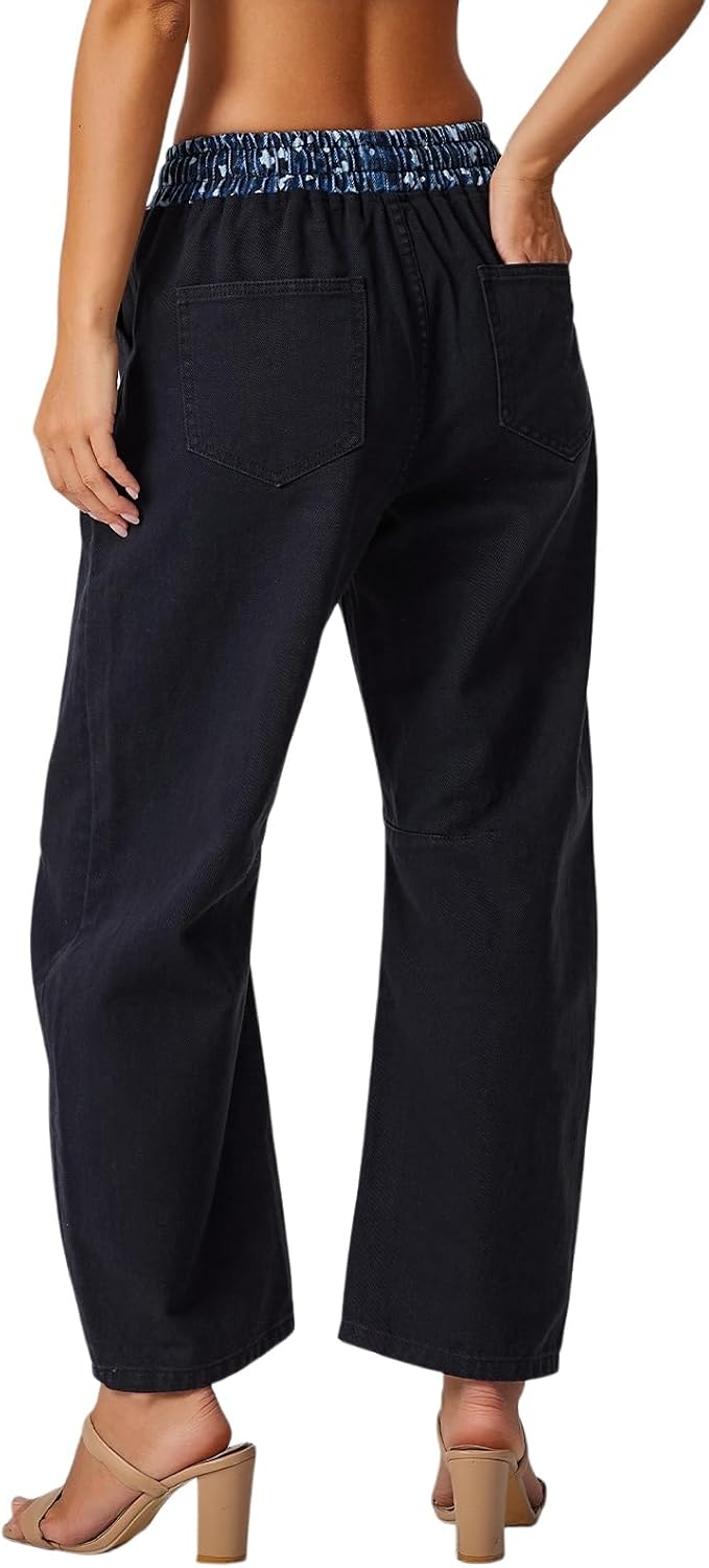 SCOFEEL Women's Drawstring Barrel Jeans Wide Leg Elastic Waist Jean Loose Baggy Y2K Boyfriend Denim Pants with Pocket