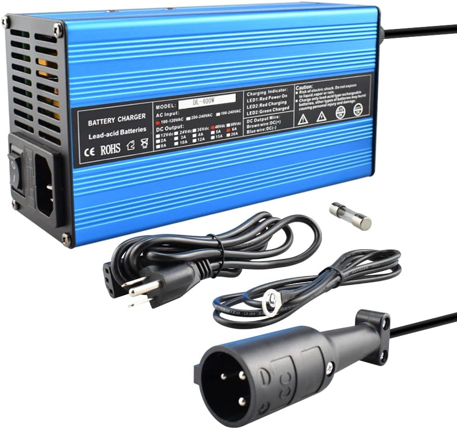 Abakoo 48V 6A Battery Charger for Club Car Golf Cart, with 3 Pin Round Plug, Blue